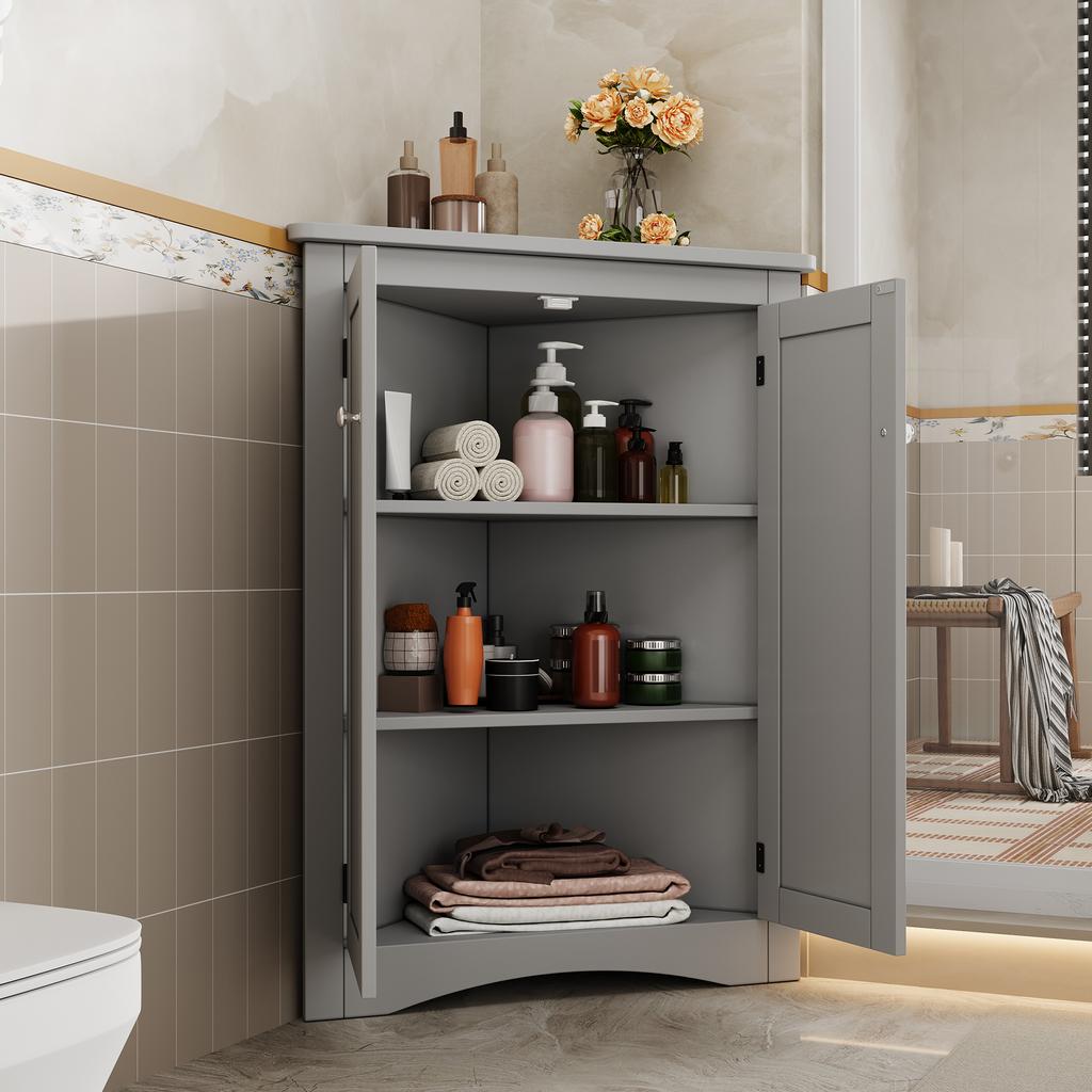 Grey Corner Cabinet for Bathroom – Freestanding 2-Door Triangular Cabinet with 3 Levels, High-Quality MDF Board with Lacquered Surface (61.5 X 80 Cm)