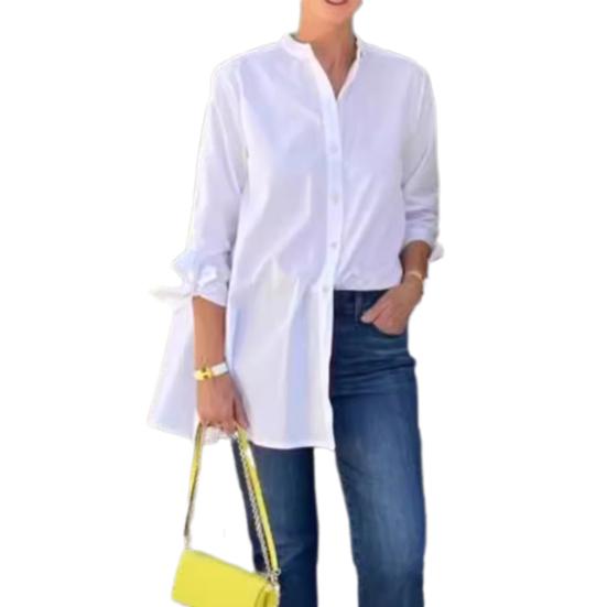 Women Long-Sleeved Shirt Commuter Solid Color Loose Fit Top Round Neck Mid-length Shirt for Work Parties Vacation