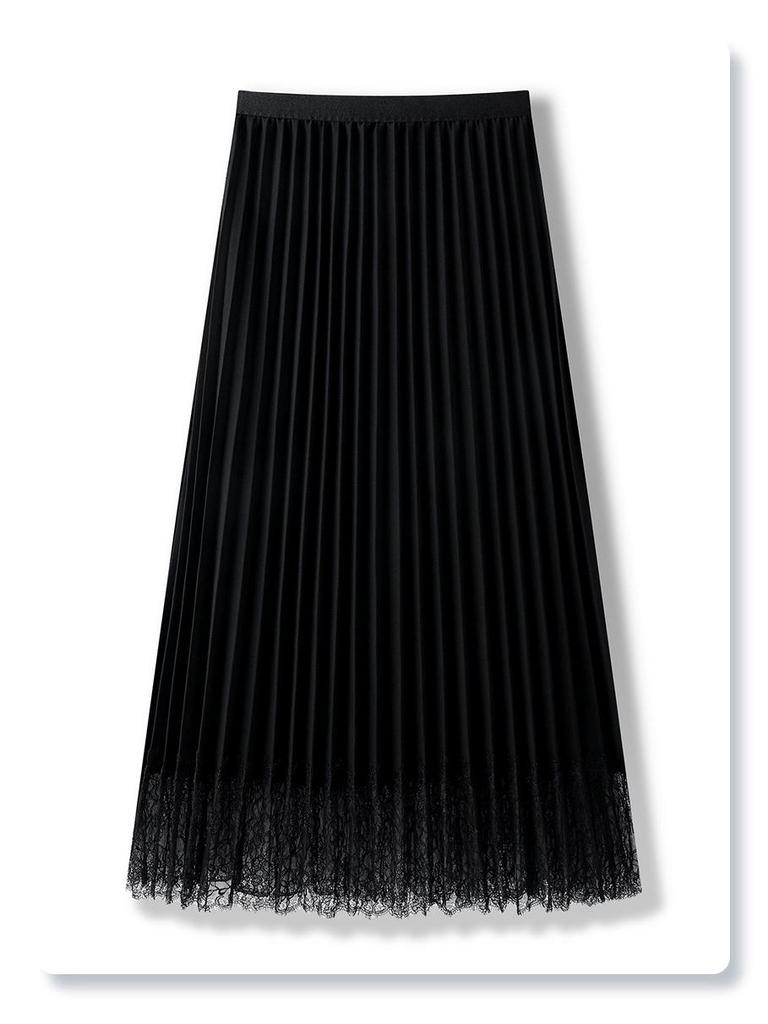 Women’s High Waist White Mesh Pleated A-Line Skirt with Lace Patchwork, Mid-Length, Summer 2025 Collection