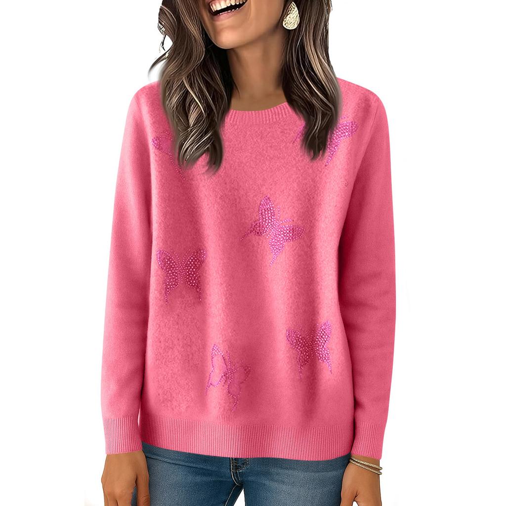 Women's Fashionable Solid Color Round Neck Long Sleeved Loose Base Shirt With Rhinestone Butterfly Knit Sweater Top