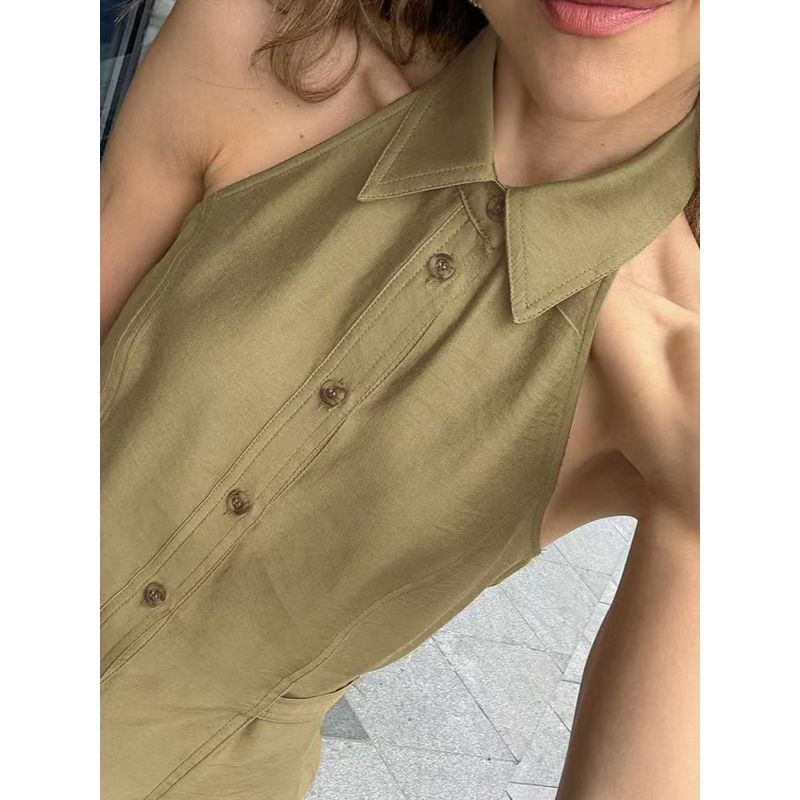 Western Style New Sleeveless Lapel Hanging Neck Sling Simple Slim fit Backless Top Sexy Backless Top