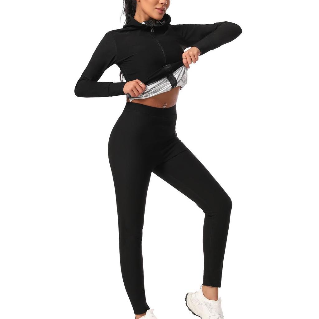 Conjunto de Yoga de Manga Larga con Cremallera para Mujer: Traje de Sauna con Capucha para Fitness y Running