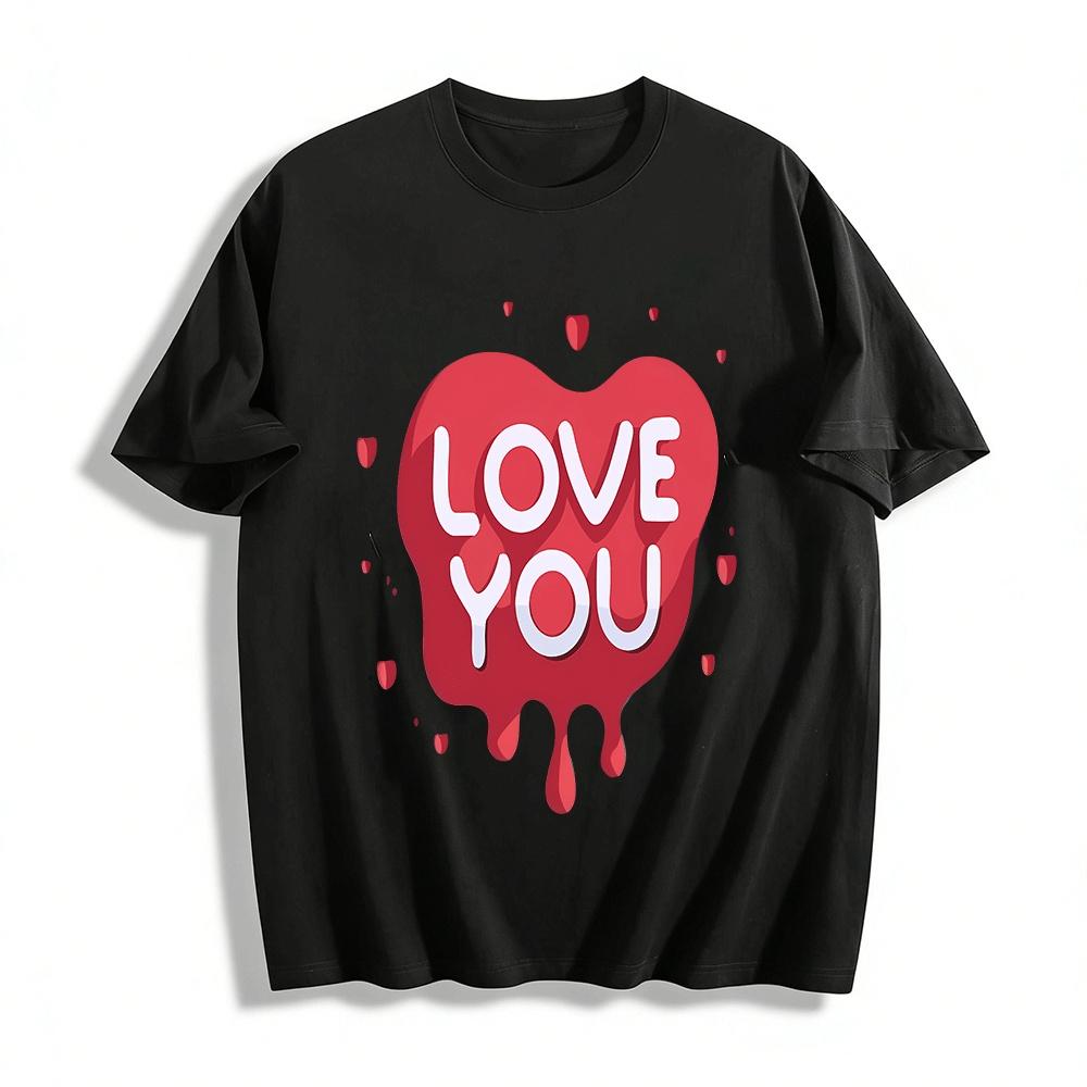 

Love You Heart Print Couple Loose Casual Short Sleeve T-Shirt Pure cotton T-shirt XXS