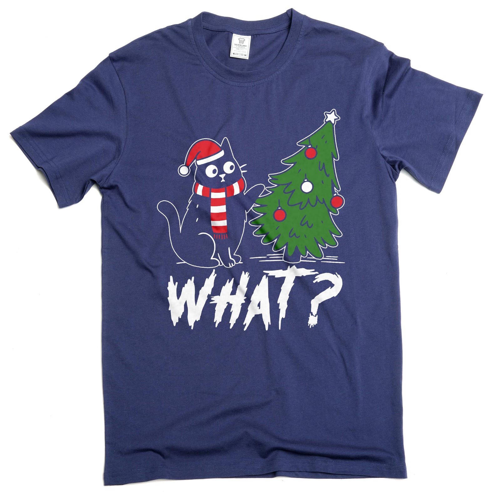 Funny Christmas Tree What Cat T-shirt humorous Xmas Pet Tee Shirt S
