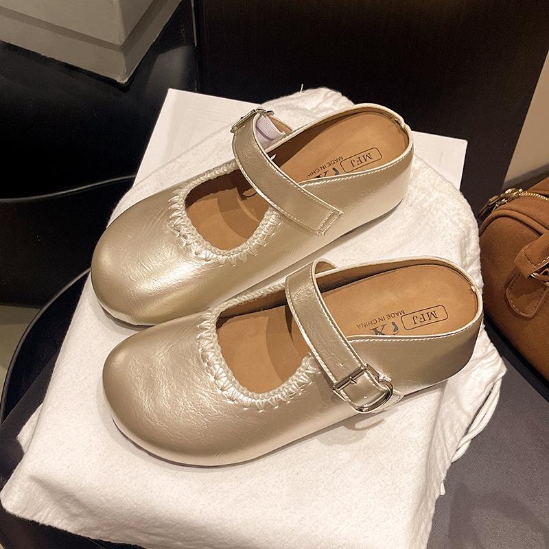 Rhinestone women's woven ballet shoes 2025 new round head Mary Jane rivet soft leather hollow flat-bottomed dance shoes