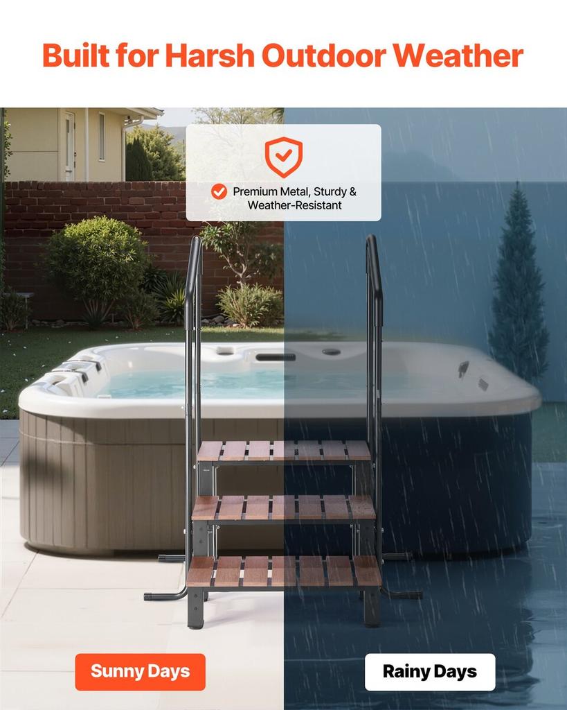 Hot Tub Step with Handrail, 3-Step Spa Outdoor Stairs, Heavy Duty 640.1 mm Wide Above-Ground/Inflatable Pool Ladder with 249.5 kg Weight Capacity,