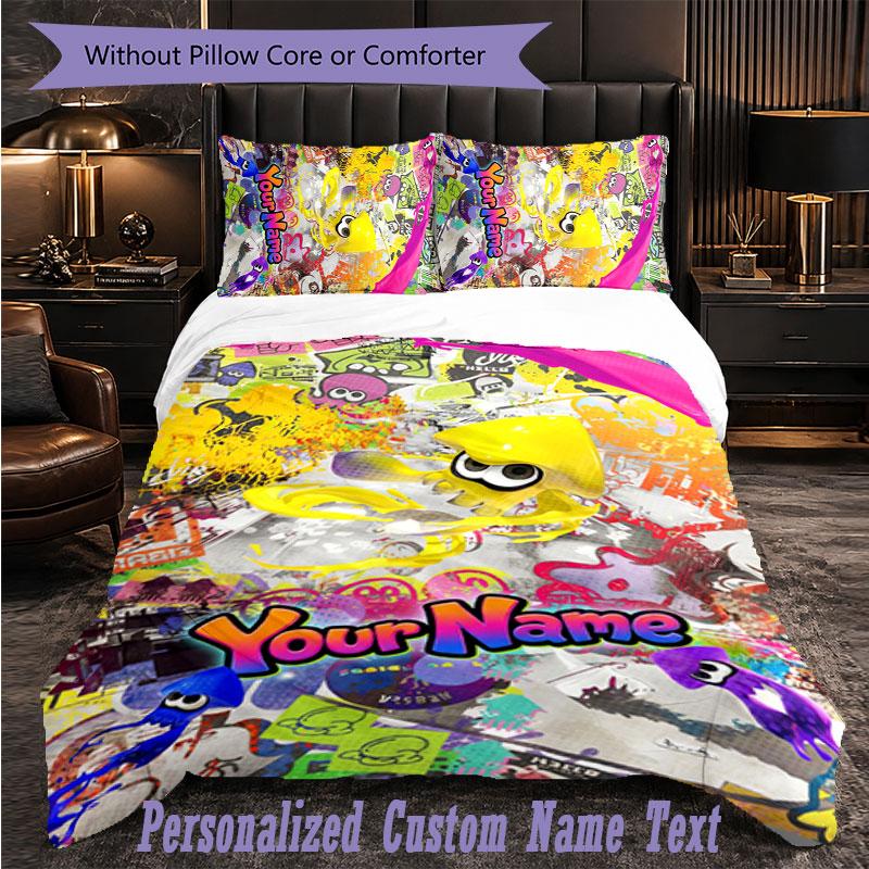 Personalized 3Pcs Bedding SetSplatoon Custom Text Duvet Cover Pillowcase Set Bedroom Gift