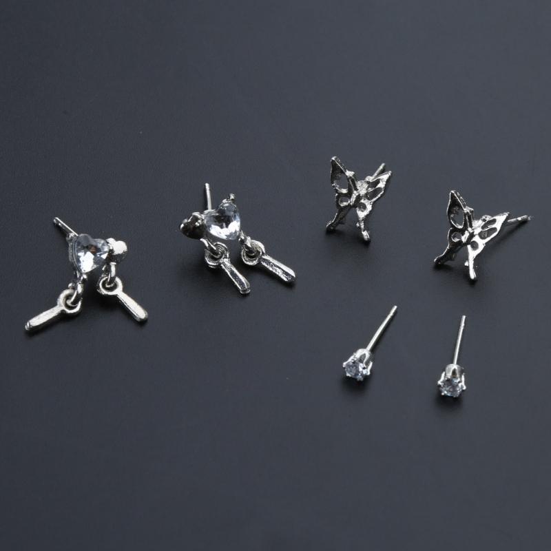 6Pcs Silver Rhinestones Butterfly Earrings Women Exquisite Casual Jewelry Punk Heart Stud Earrings for Girlfriend Gift