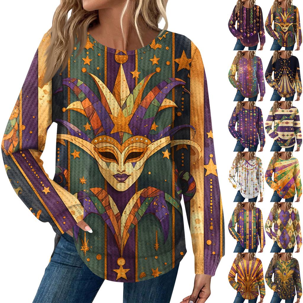 Women's Fashion Loose Long Sleeve Carnival Print Round Neck Casual Top