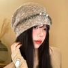 Korean Version Autumn and Winter Hat Women's Retro Versatile Ethnic Style Beaded Head Hat Big Head Circumference Warm Knitted Wool Hat