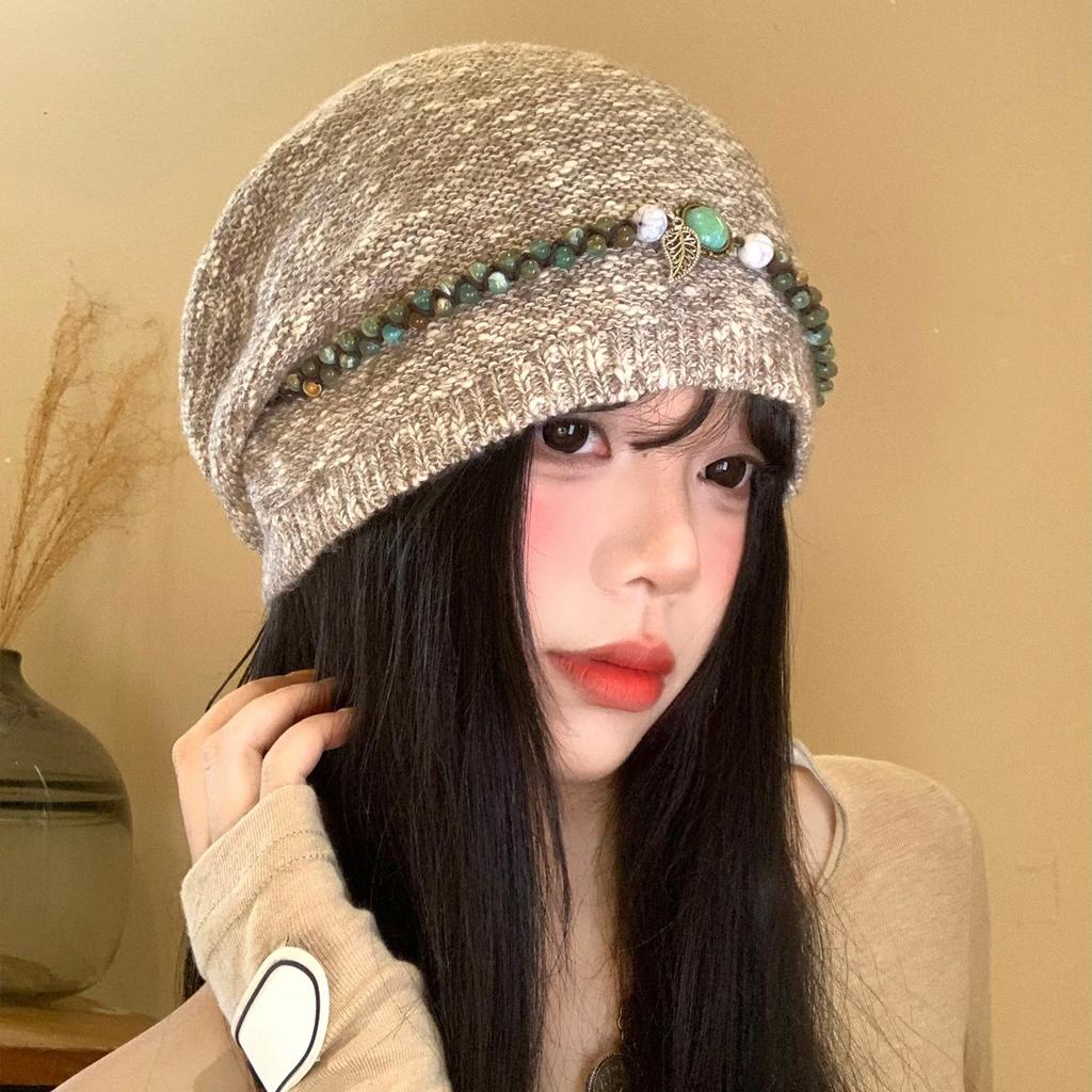 Korean Version Autumn and Winter Hat Women's Retro Versatile Ethnic Style Beaded Head Hat Big Head Circumference Warm Knitted Wool Hat