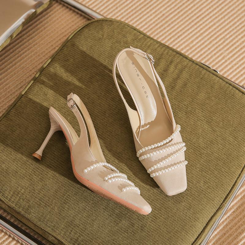 

79902 [sheepskin] square head high heels women s thin heels summer 2025 new suede pearl bag head sandals 39