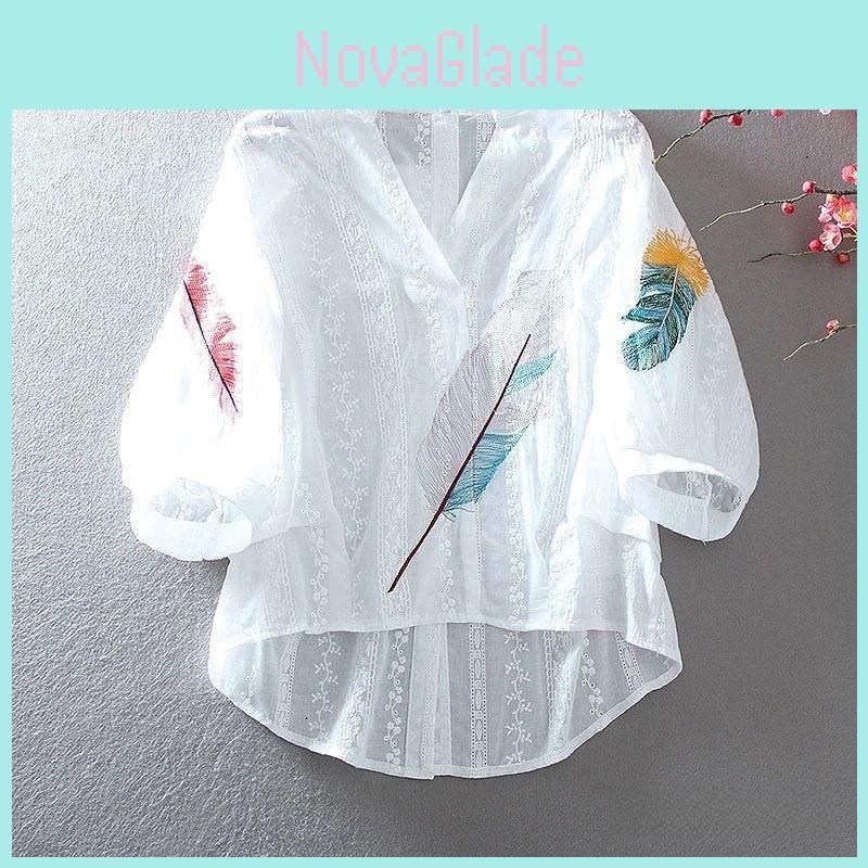 Embroidered Lace Blouse With V Neck And Lantern Sleeves For Summer Fashion