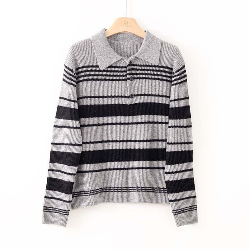 Soft Waxy Retro Polo Collar Striped Contrasting Color Quan Wool Knitted Sweater Women's Early Autumn New Inner Pullover Bottoming Shirt
