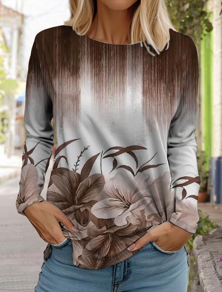2024 Damenmode Oberteile Langarm Rundhals Pullover Casual Langarm T-Shirt Neu 3D-gedruckt Gestreift Farbverlauf Floralprint