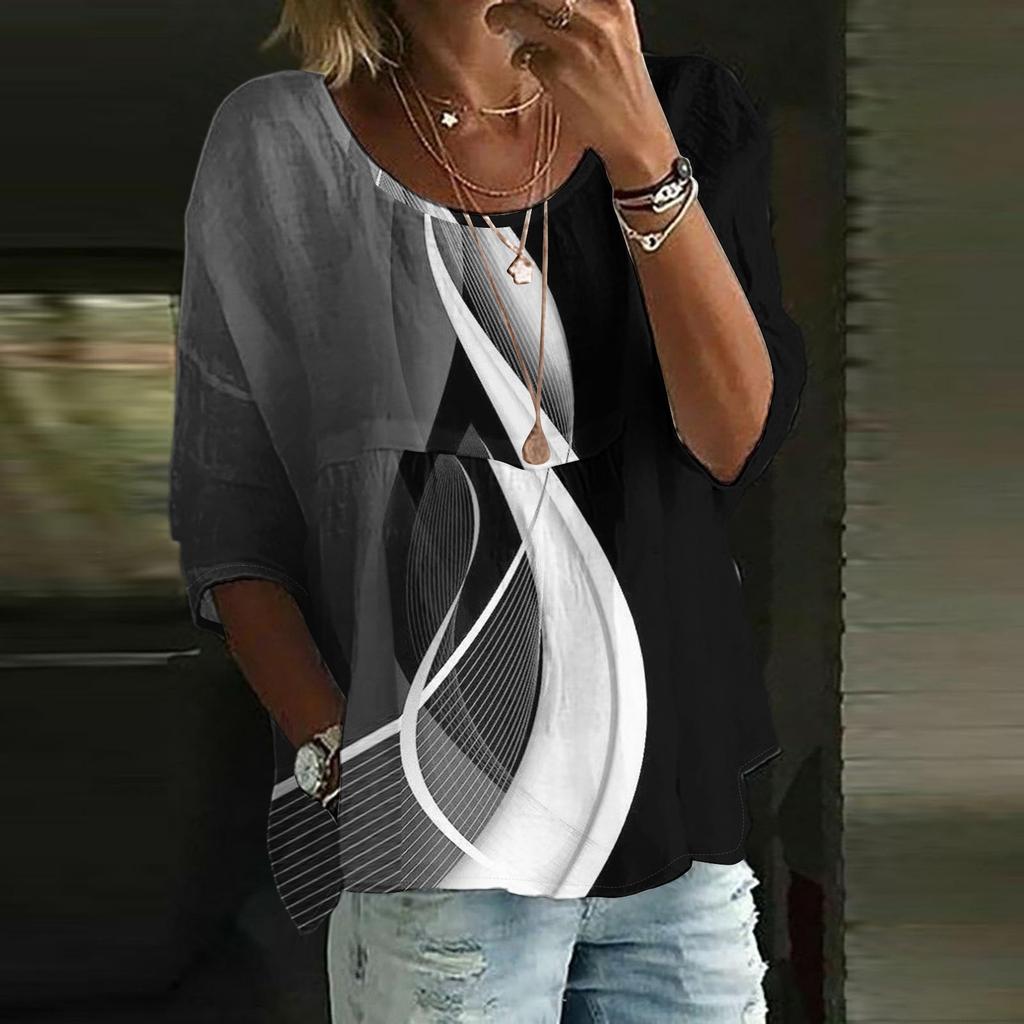 Women's Casual Fashion Three-quarter Sleeve Loose Round Neck Floral Print Top