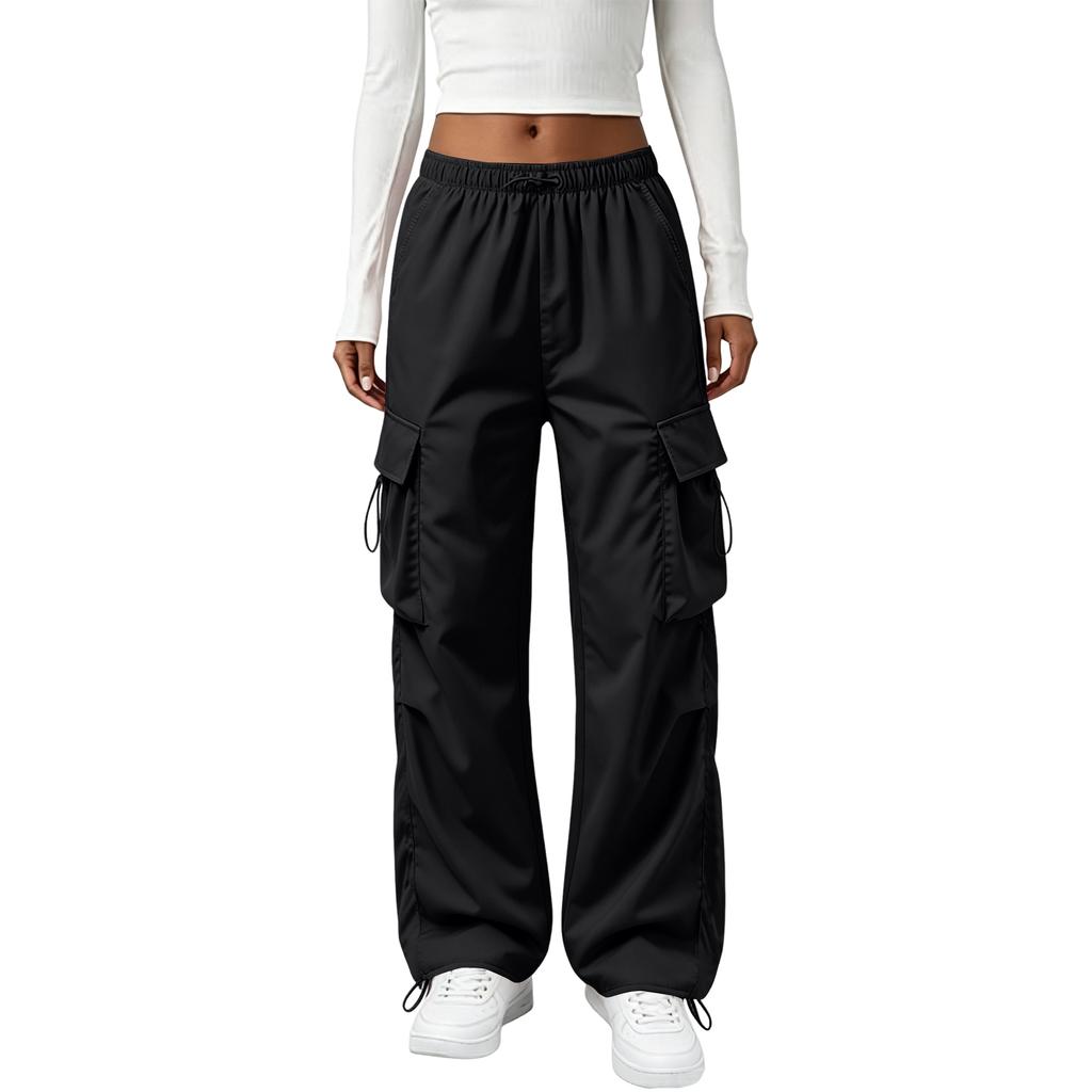Women's Vintage Straight Leg Cargo Pants Elastic Waistband Drawstring Adjustable Hem Utility Workwear Trousers