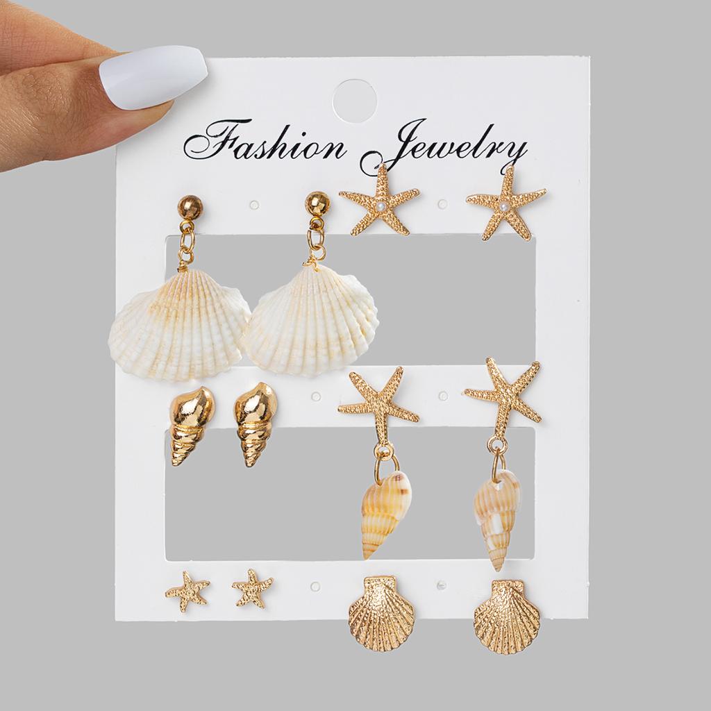 6 Pairs of Women's Ocean Style Shell & Starfish Earring Set, Summer Vacation Style Natural Conch Earrings