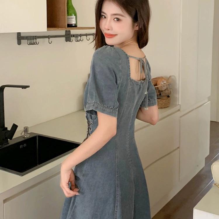 2026 Summer Plus Size Women's French Retro Denim Dress - Elegant Waist-Cinched Slimming Skirt