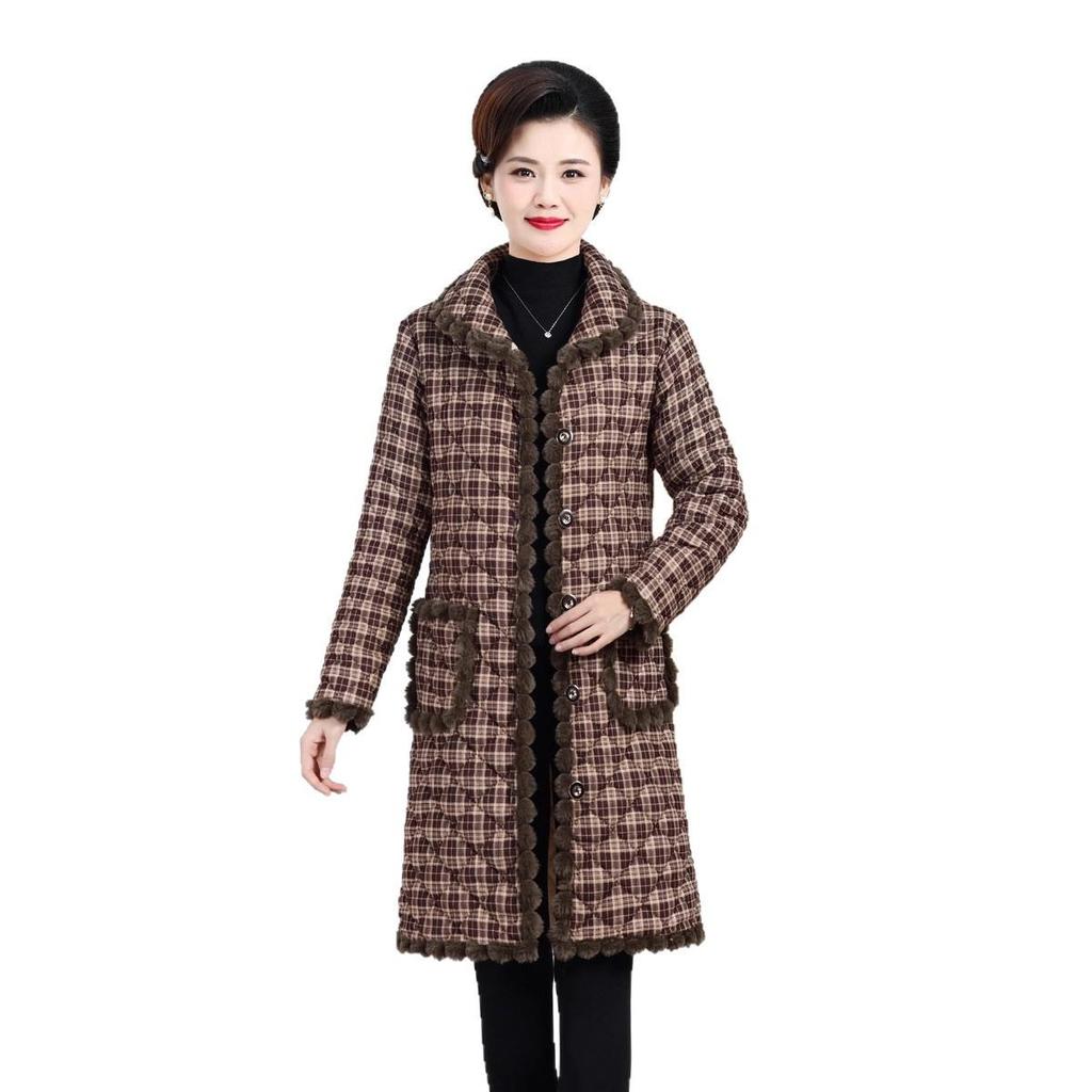 Women's Mid-Length Plaid Cotton Jacket - Maternity & Plus Velvet for Autumn/Winter Warmth, Over-the-Knee Style for Middle-Aged & Elderly