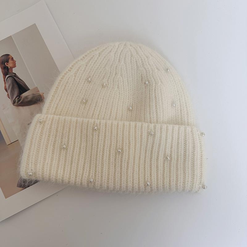 Neuer Perlen-Kaninchenhaar-Strickhut Damen Winter Outdoor Warm Mode Ohrenschützer Wollmütze