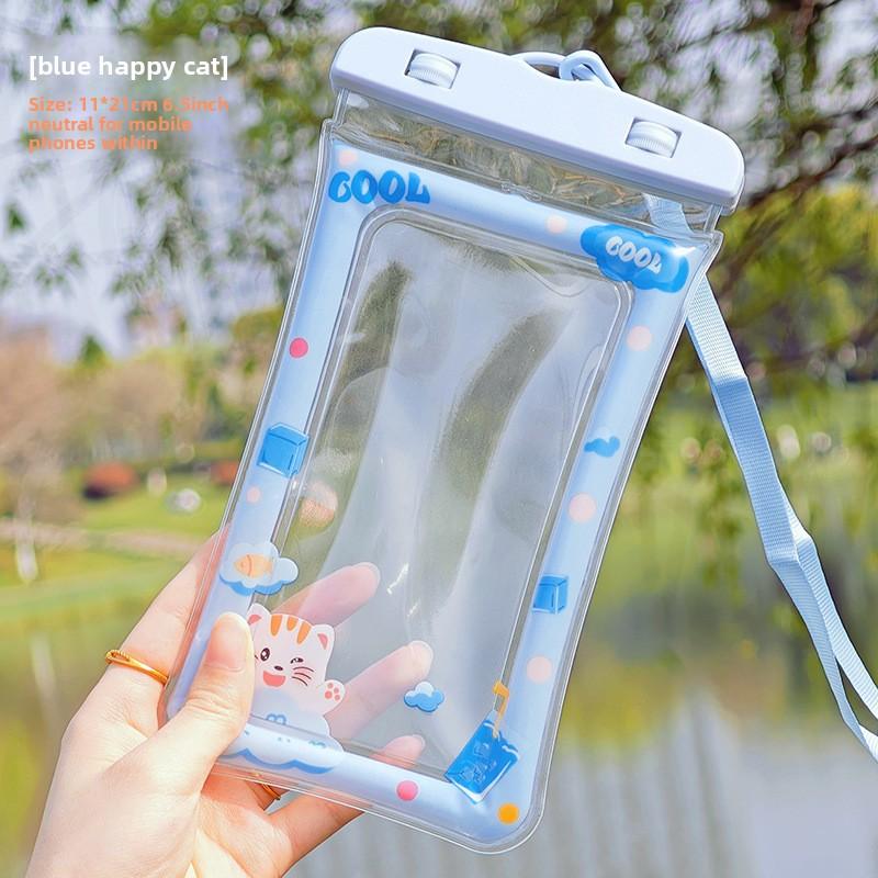 

Touchscreen-compatible Waterproof Phone Pouch with Lanyard Blue Happy Cat