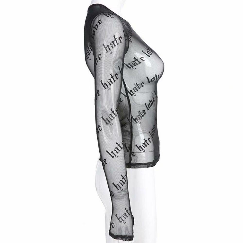 Sexy triko ze síťoviny s průhledným gotickým dopisním potiskem Summer Starry Angle Print Mesh Perspective Short Top