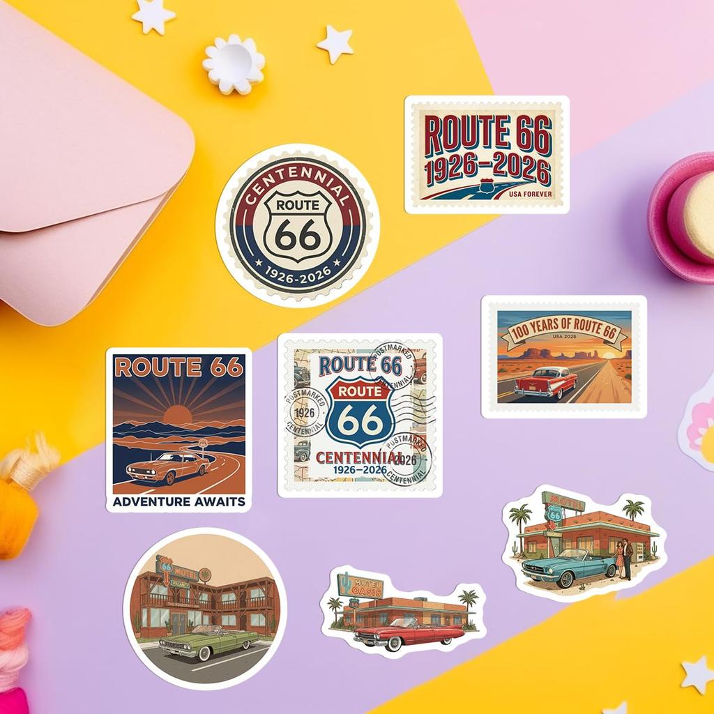 Set of 50 Waterproof Vintage Theme Stickers Commemorating the 100th Anniversary of Route 66's Opening.