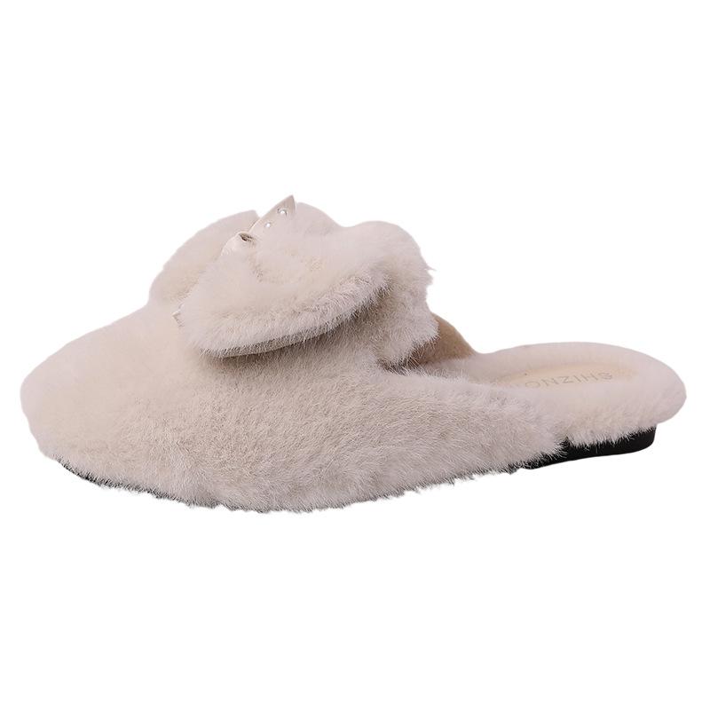 Mode vielseitige Schleife Perle Wolle Hausschuhe weiblich 2025 Herbst und Winter neu Fee bequem Außentasche Kopfhausschuhe