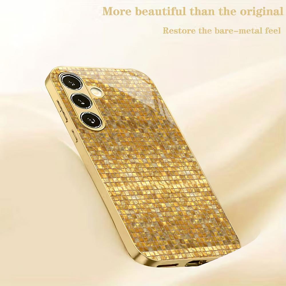 Golden mosaic electroplated glass phone case suitable for Samsung Galaxy S26 S25 S24 S23 S22 S20 FE/Ultra/Plus anti drop