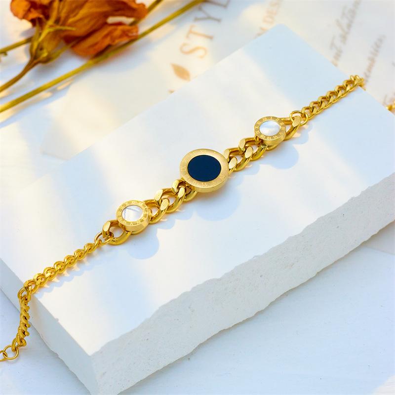 18K Gold Plated Roman Numeral Shell Onyx Bracelet, Dainty Cuban Link Chain Bangle for Women, Trendy Jewelry