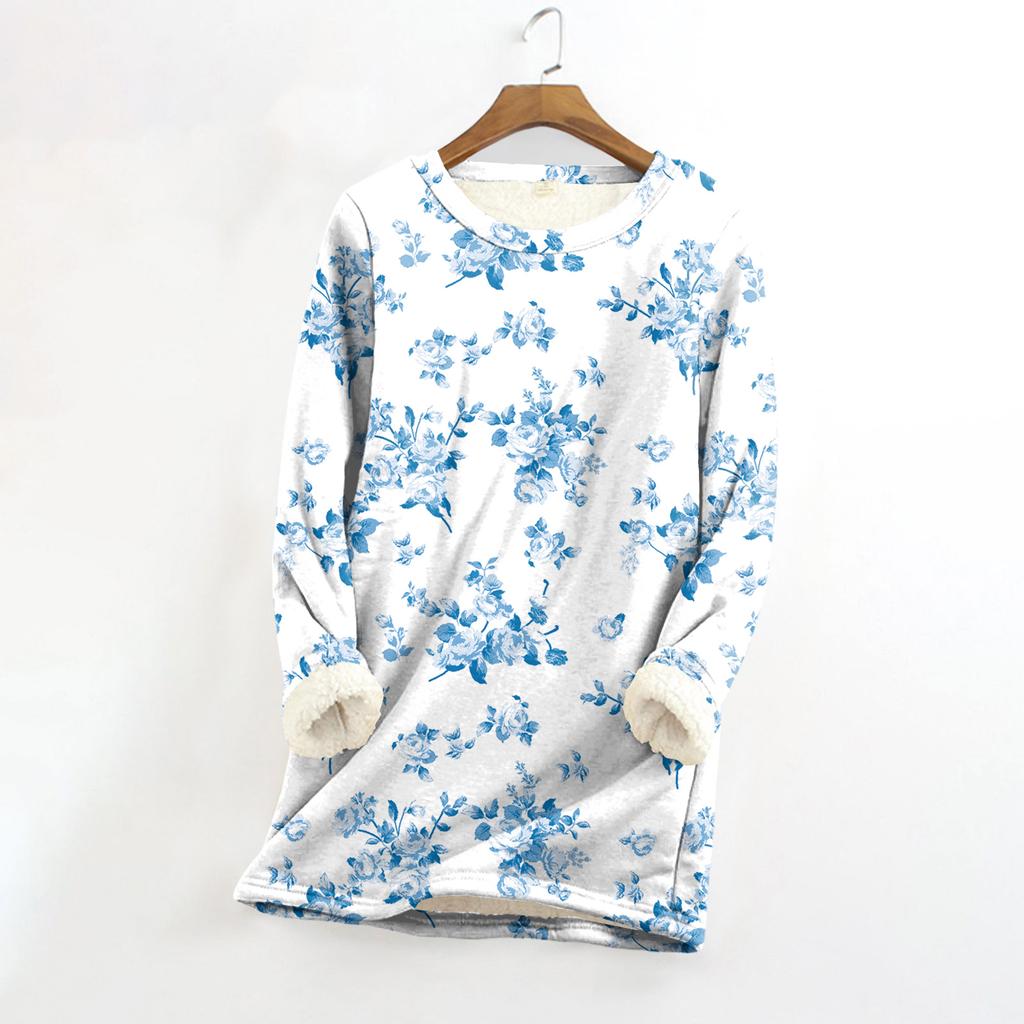 Dámský top s kulatým výstřihem s potiskem, zahuštěný plyšový kašmírový hřejivý dlouhý top