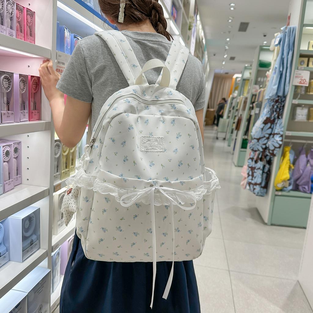 Schoolbag Milky White Floral Backpack Female Ins Niche Schoolbag Female Lace Backpack Junior High School Versatile Commuter Backpack