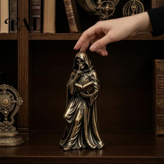 Haunted Bedroom Display Gothic Hooded Reaper Reading Book Resin Statue, Mystical Wizard Skull Figurine Artistic Statue Desktop Bookshelf Decor,