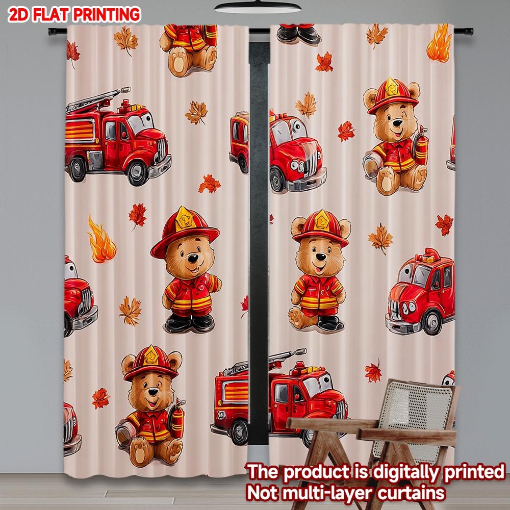 2D flat printing 2pcs Party Window Curtains Cute Bear Firefighter Digital Printed Polyester Drapes Festive Holiday for Photo
