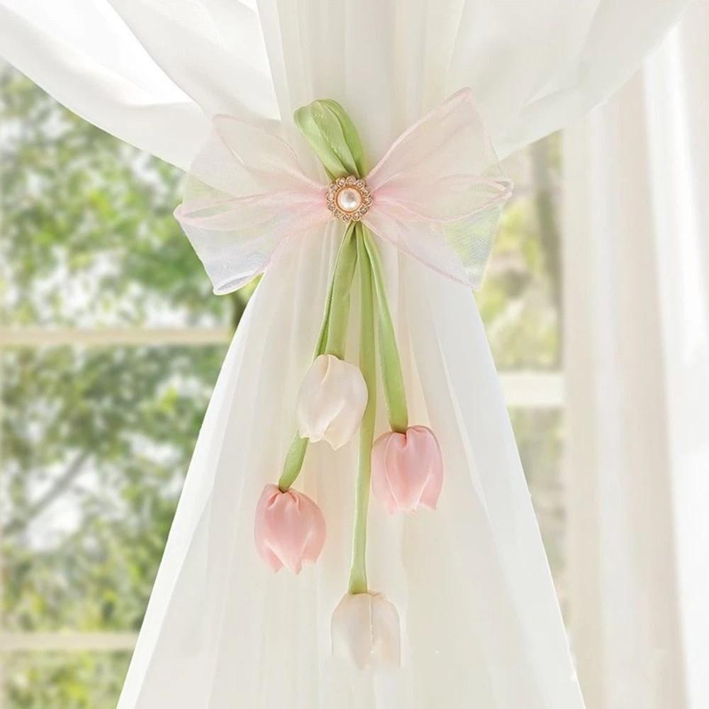 Sweet Style Tulip Ribbon Curtain Tieback Handmade Curtain Binding Floral Tie-Up Cord  Living Room Style 5
