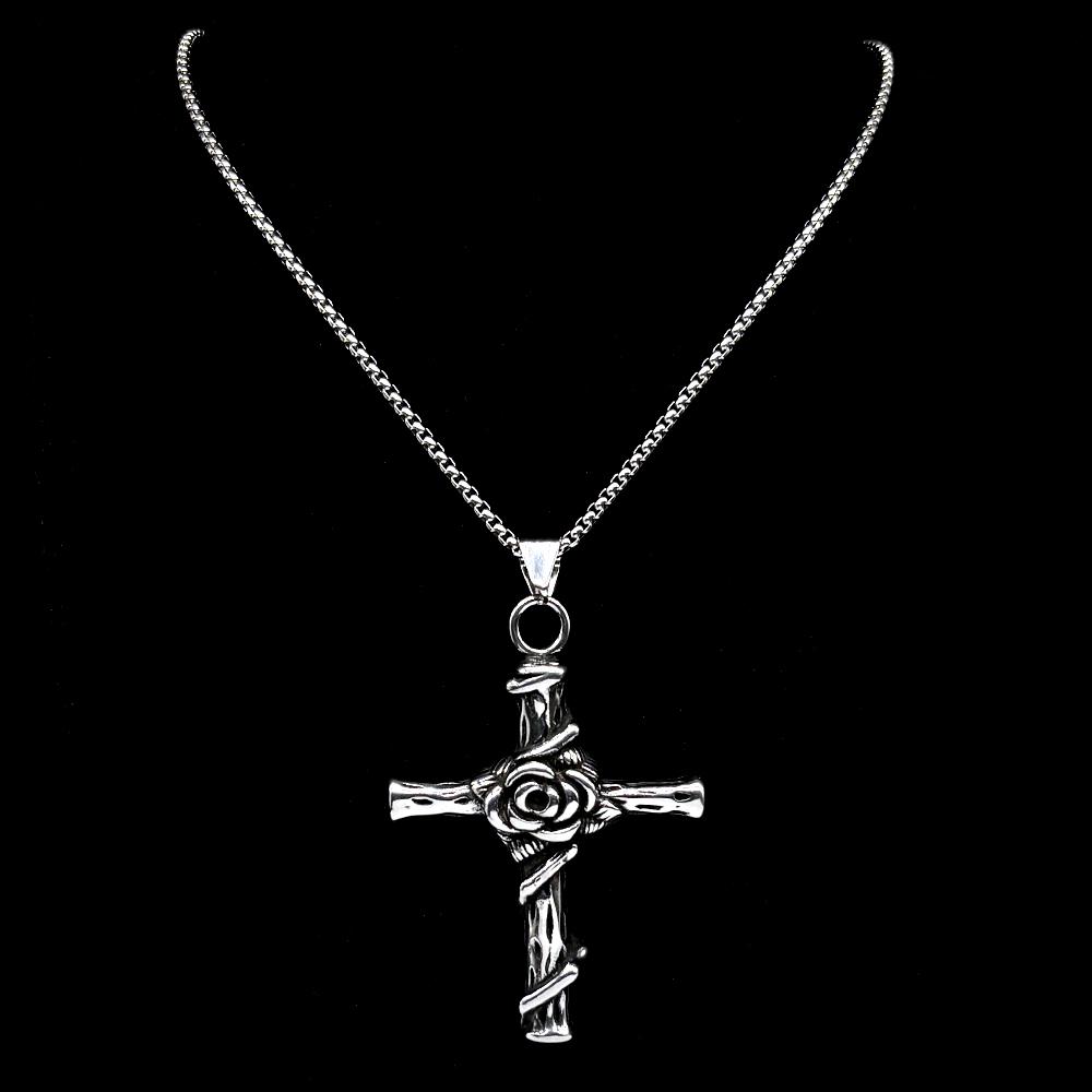 Stainless Steel Christian Rose Flower Jesus Cross Pendant Necklaces for Men Women Silver Color Vintage Chain Faith Jewelry Gift
