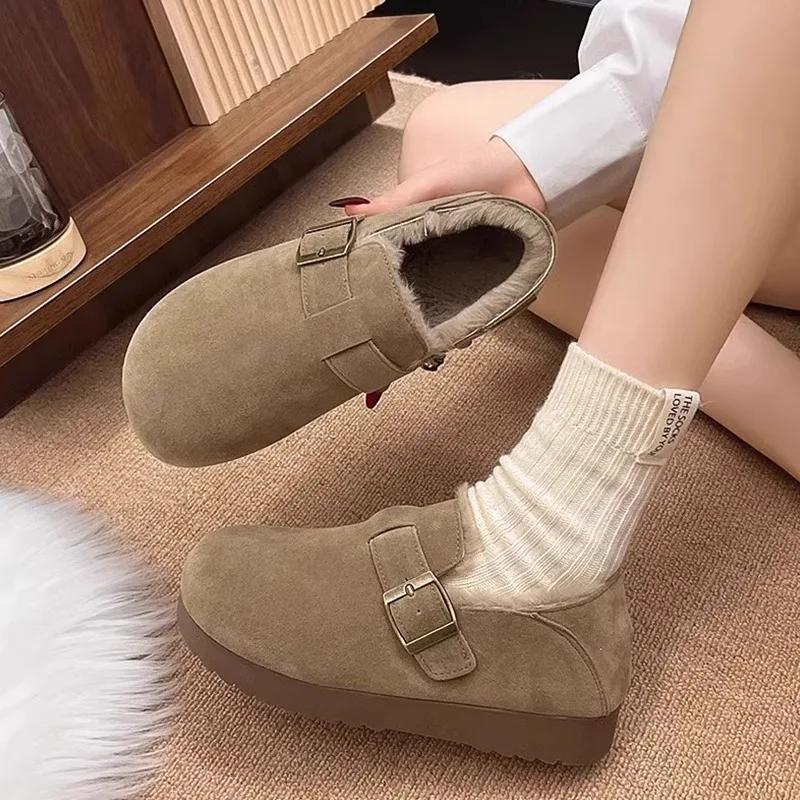 Vintage Flat Boots Women's Winter Warm Cotton Shoes Soft Bottom Slip-on Shoes Thickened Brogues Women Shoes