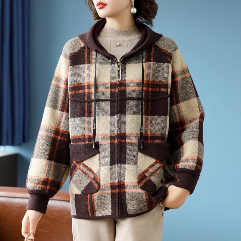 Women's Mid-Length Hooded Plaid Knit Cardigan Coat