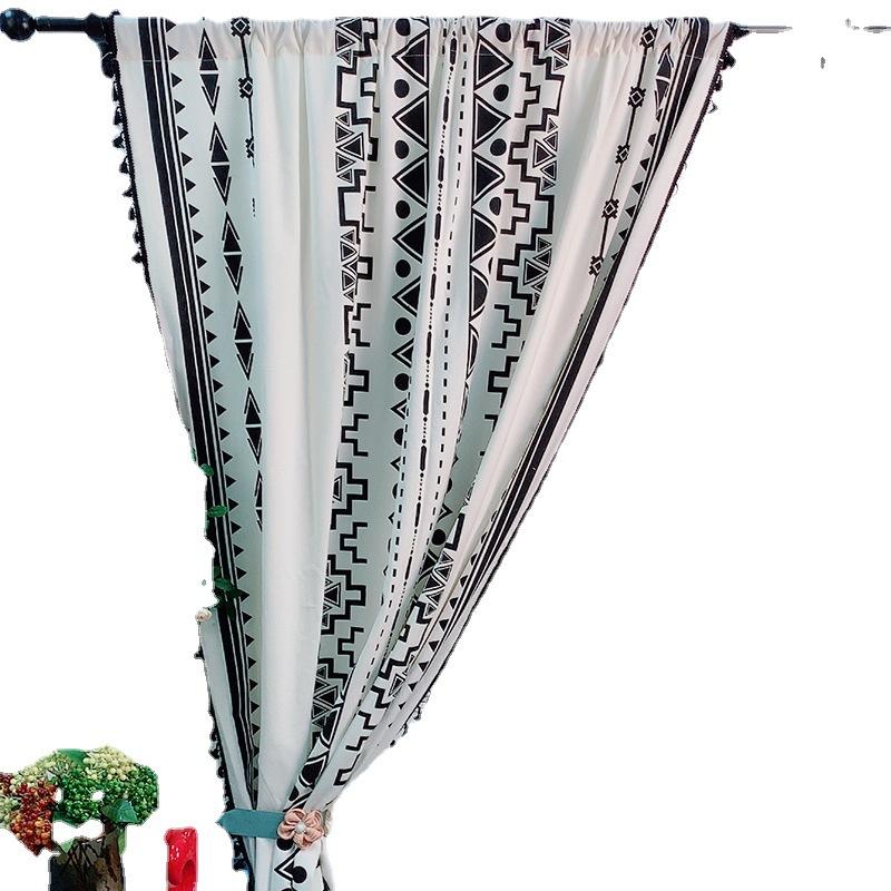 Bohemian Style Finished Cotton And Linen Black Fringed Print Kitchen Curtain Bay Window Curtain