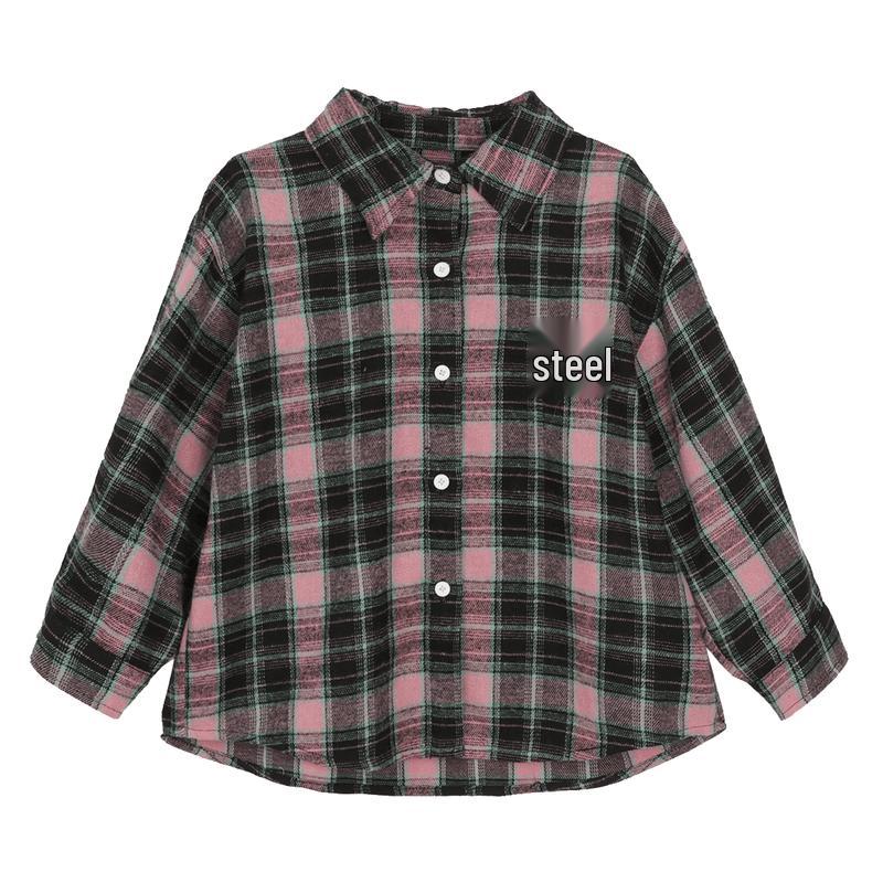 LUSON Toddler Girls Plaid Lapel Shirt 90
