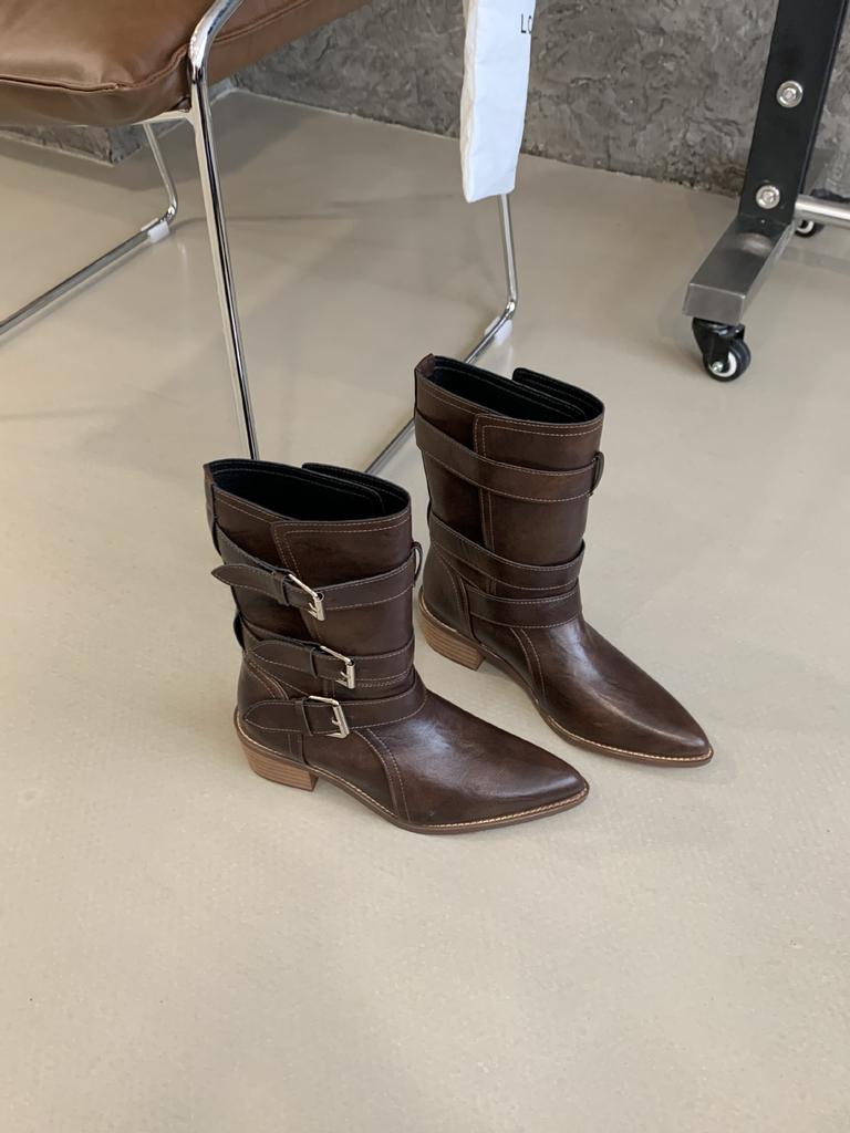 2025 New Retro Pointed Western Cowboy Boots Women's Autumn Thick Heel Short Tube Thin Martin Boots Women