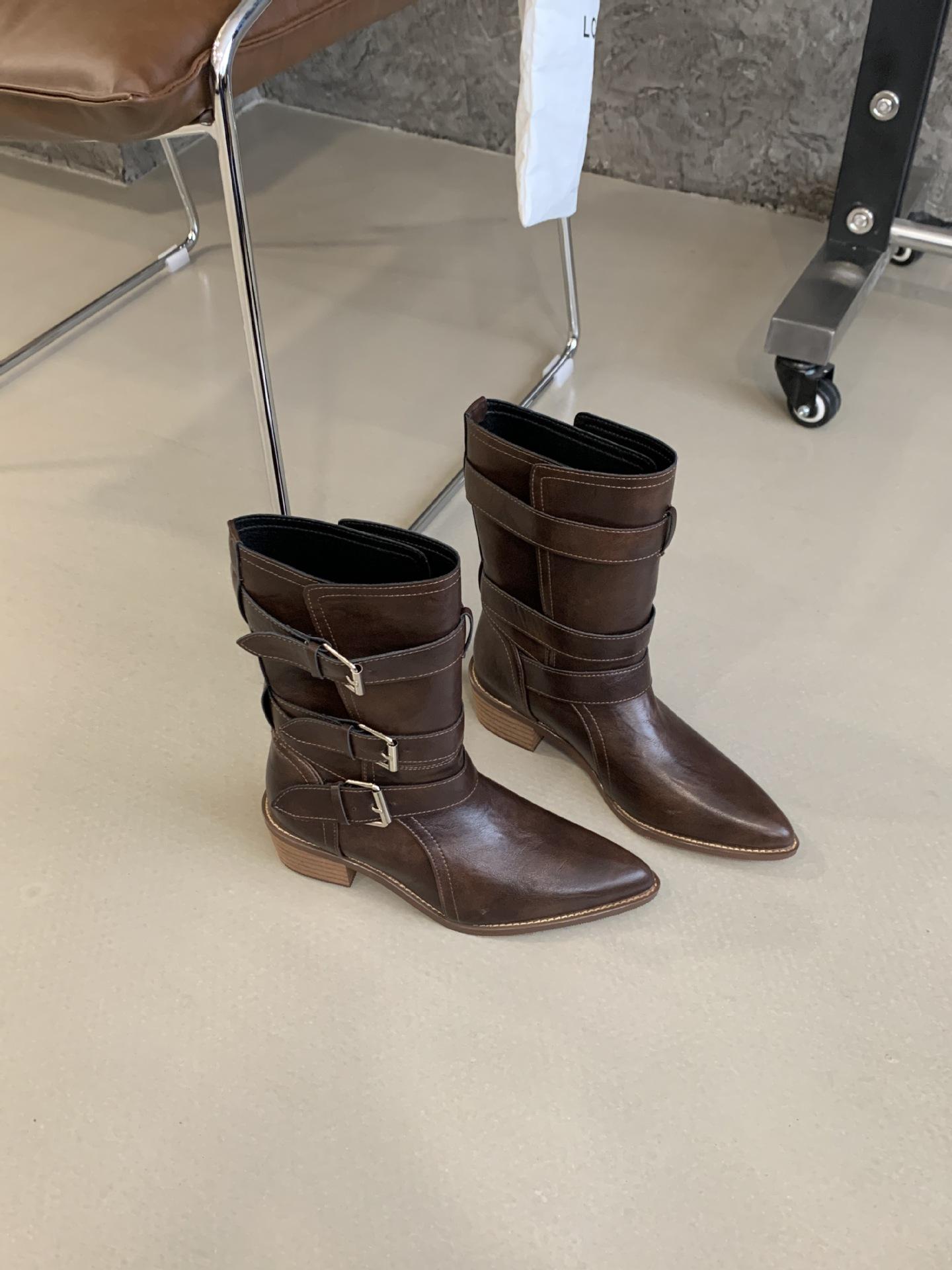 2025 новые ретро остроносые западные ковбойские сапоги женские осенние на толстом каблуке короткие тонкие ботинки Мартин женские 35