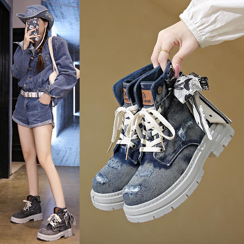 2026 New Black Canvas Shoes High Top British Style Trendy Motorcycle Boots Couple Boots