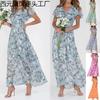 Nuovo vestito lungo da spiaggia a pendolo in chiffon floreale a maniche corte con volant e scollo a V, vestito alla moda in vita