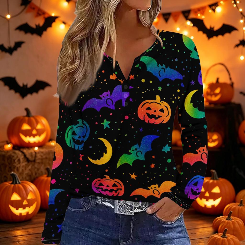Women's Halloween Print Long Sleeve V Neck Button Detail Casual T Shirt Top with Festive Graphic Design for Seasonal Wear