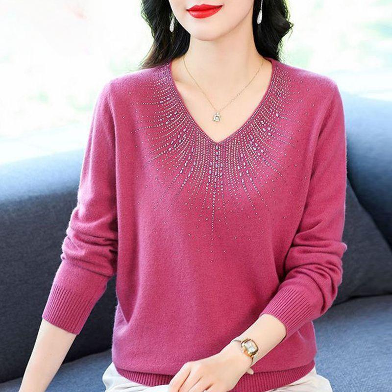 Autumn Women's Plus Size Sweater Loose V-neck Knitwear Rhinestone Pullover Knit Top Stretch Jumper