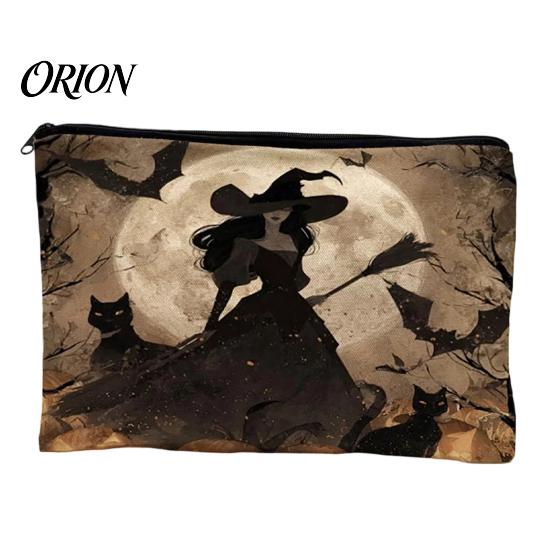 Heavy-duty Canvas Pouch Storage Bag, with Smooth Zipper, Thickened Polyester Large Capacity Thick Bag Cosmetic Halloween Witch Pumpkin Pattern Printed