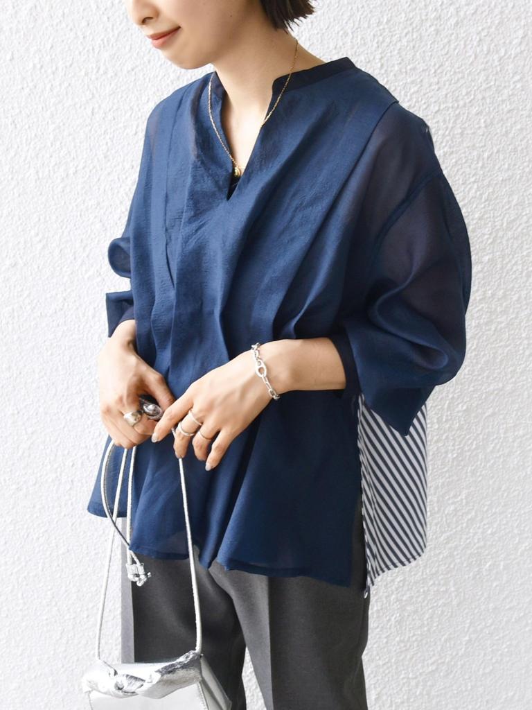 SHIPS for women Web Hand Mixed Material Waist Tuck One Size Blouse, Exclusive, Washable, Blouse, Navy, 311150620,