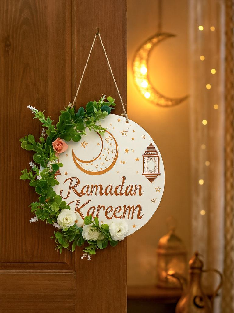Ramadan Kareem Hängendes Türschild Blumendekor mit Mond-Stern-Laternen-Design Islamische Festdekorationen für Zuhause & Außenbereich Geschenk